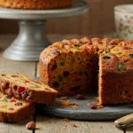 A slice of 100-year-old fruit cake with dried fruits and nuts, showcasing its moist texture and rich flavors