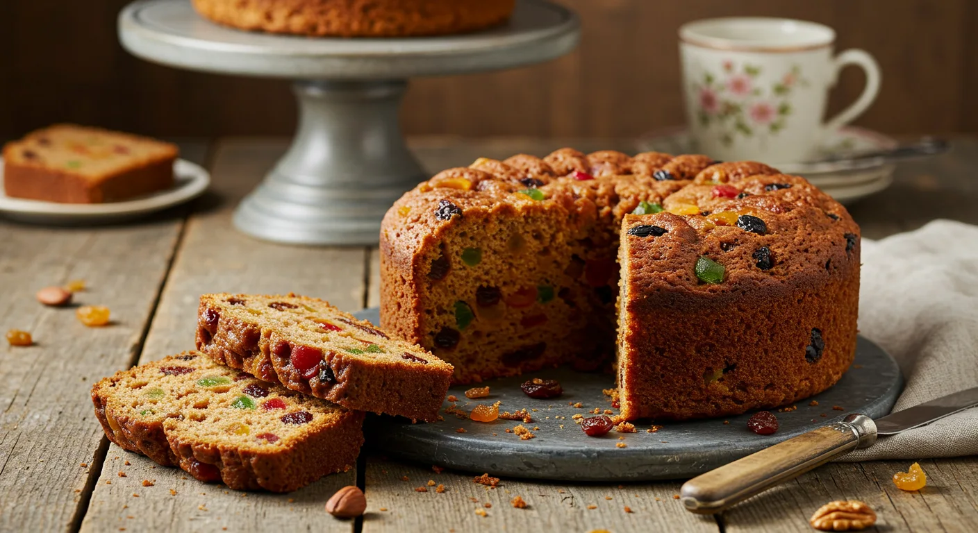 A slice of 100-year-old fruit cake with dried fruits and nuts, showcasing its moist texture and rich flavors