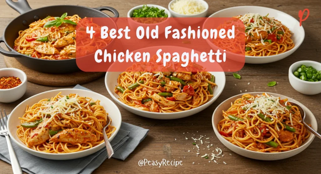 4 Best Old Fashioned Chicken Spaghetti Recipes featuring Spicy Southwest, Healthy Veggie-Packed, Buffalo, and Italian-Inspired variations, perfect for spring dinners.