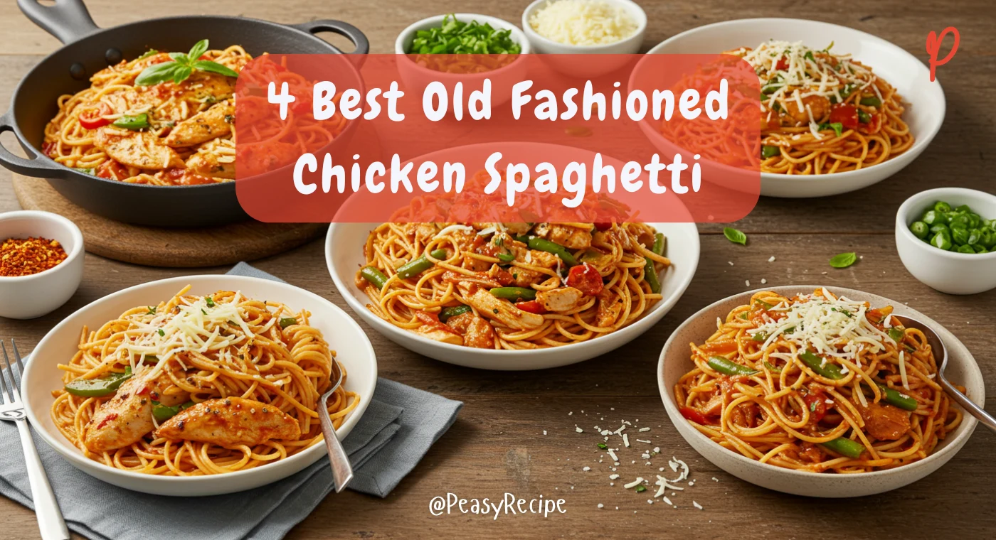 4 Best Old Fashioned Chicken Spaghetti Recipes featuring Spicy Southwest, Healthy Veggie-Packed, Buffalo, and Italian-Inspired variations, perfect for spring dinners.