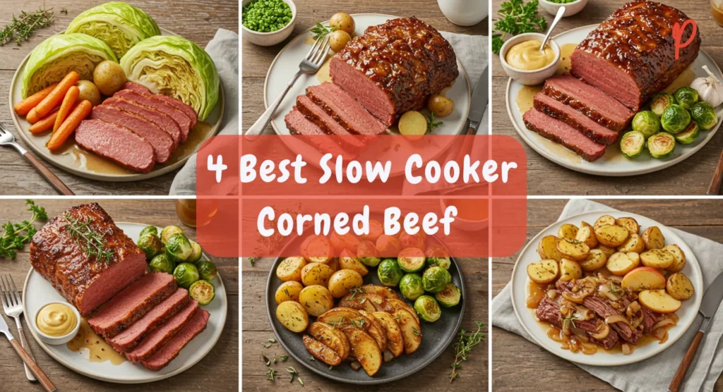 4 Best Slow Cooker Corned Beef Recipes for spring, featuring tender corned beef, cabbage, carrots, and potatoes, styled on a rustic table with fresh herbs.