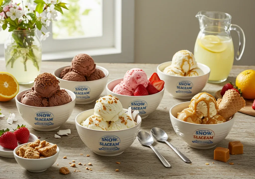 5 bowls of Snow Ice Cream recipe featuring Chocolate, Strawberry, Coconut, Vanilla, and Caramel flavors, garnished with fresh toppings and arranged on a rustic wooden table with spring flowers and fresh fruit.
