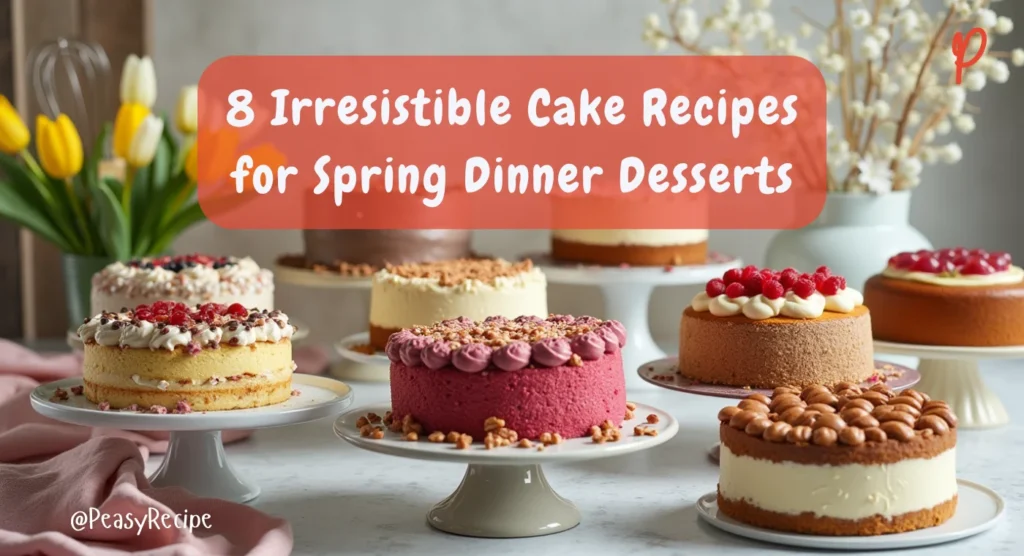 A variety of irresistible cakes, including chocolate cheesecake, purple velvet cake, and red velvet pound cake, beautifully arranged for a spring dessert table.