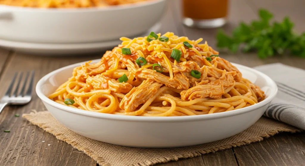 A close-up of a creamy and spicy Buffalo Chicken Spaghetti Recipe served in a white bowl, topped with melted cheese and fresh parsley, on a rustic wooden table.