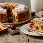Freshly baked chip and cherry cake with chocolate chips and juicy cherries, perfect for spring desserts