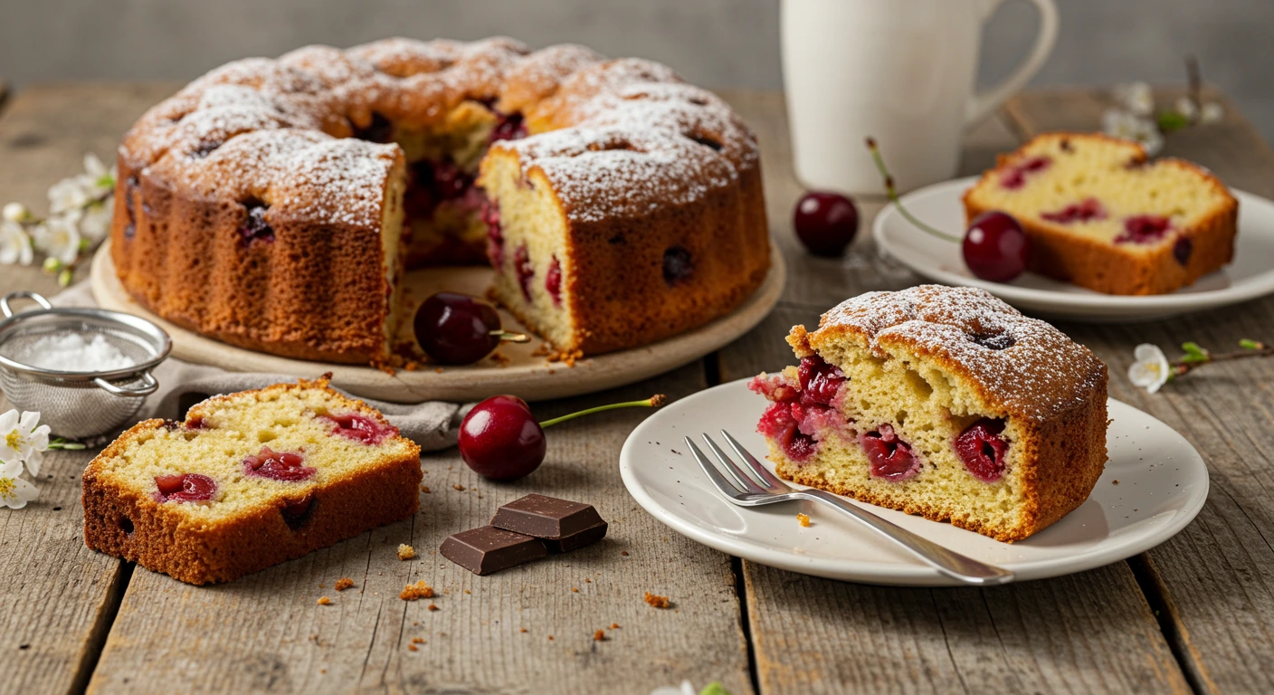 Freshly baked chip and cherry cake with chocolate chips and juicy cherries, perfect for spring desserts