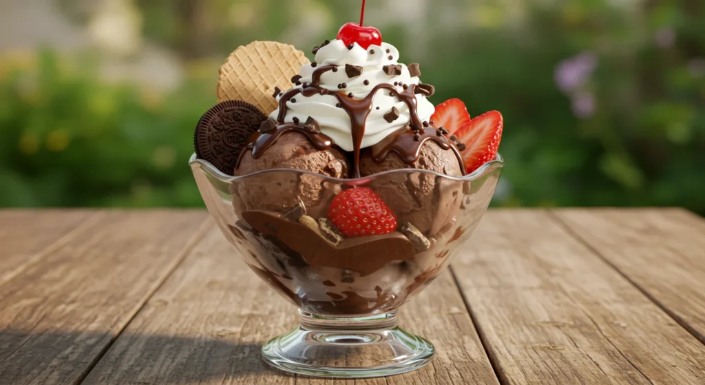 A decadent Chocolate Overload Sundae recipe served in a glass bowl, featuring layers of chocolate ice cream, fudge sauce, whipped cream, and fresh strawberries.