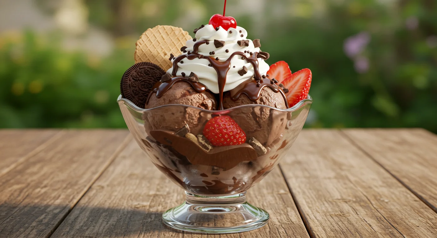 A decadent Chocolate Overload Sundae recipe served in a glass bowl, featuring layers of chocolate ice cream, fudge sauce, whipped cream, and fresh strawberries.