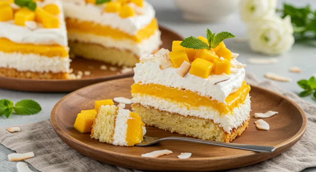 Homemade Coconut Mango Shortcake recipe with fluffy coconut cake, fresh mango, and whipped cream on a rustic plate