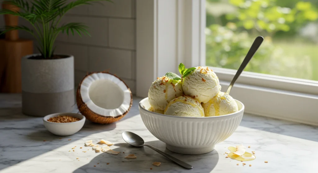 Close-up of homemade Coconut Snow Ice Cream with a smooth texture and tropical flavors.