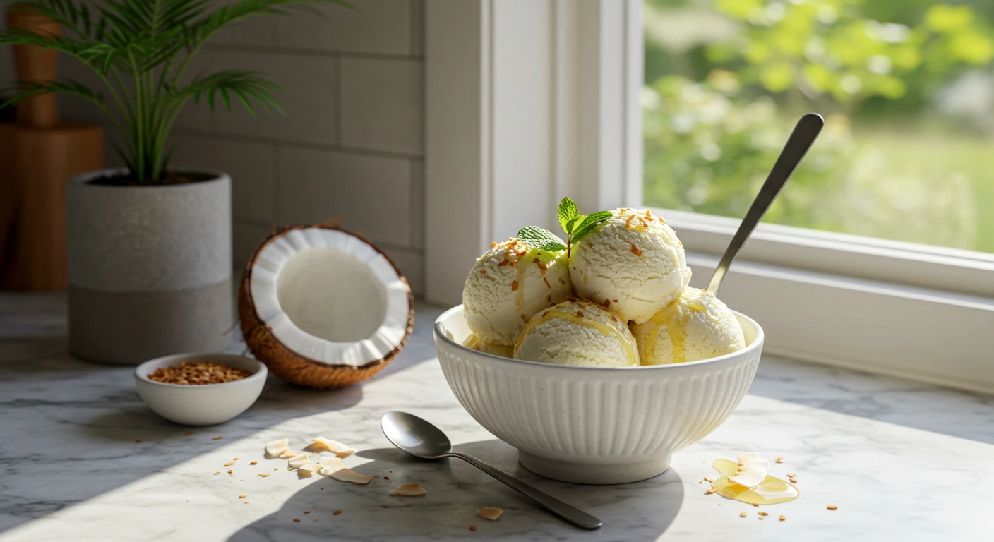 Close-up of homemade Coconut Snow Ice Cream with a smooth texture and tropical flavors.