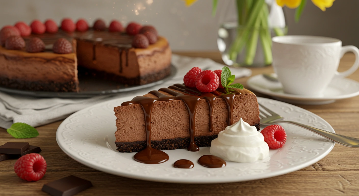 Decadent Chocolate Cheesecake Recipe with rich chocolate filling, chocolate crust, and fresh raspberries on a white plate