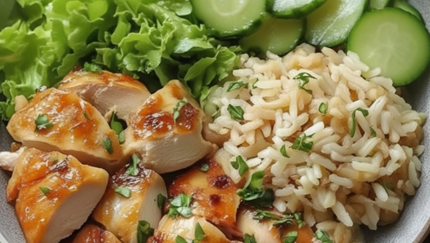 Grilled Chicken Rice Bowl with fresh lettuce, sliced cucumbers, and garnished rice on a plate.