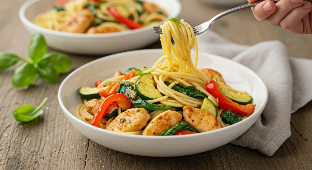 A bowl of Healthy Veggie-Packed Chicken Spaghetti with vibrant vegetables, tender chicken, and a light sauce, garnished with fresh basil and Parmesan cheese.