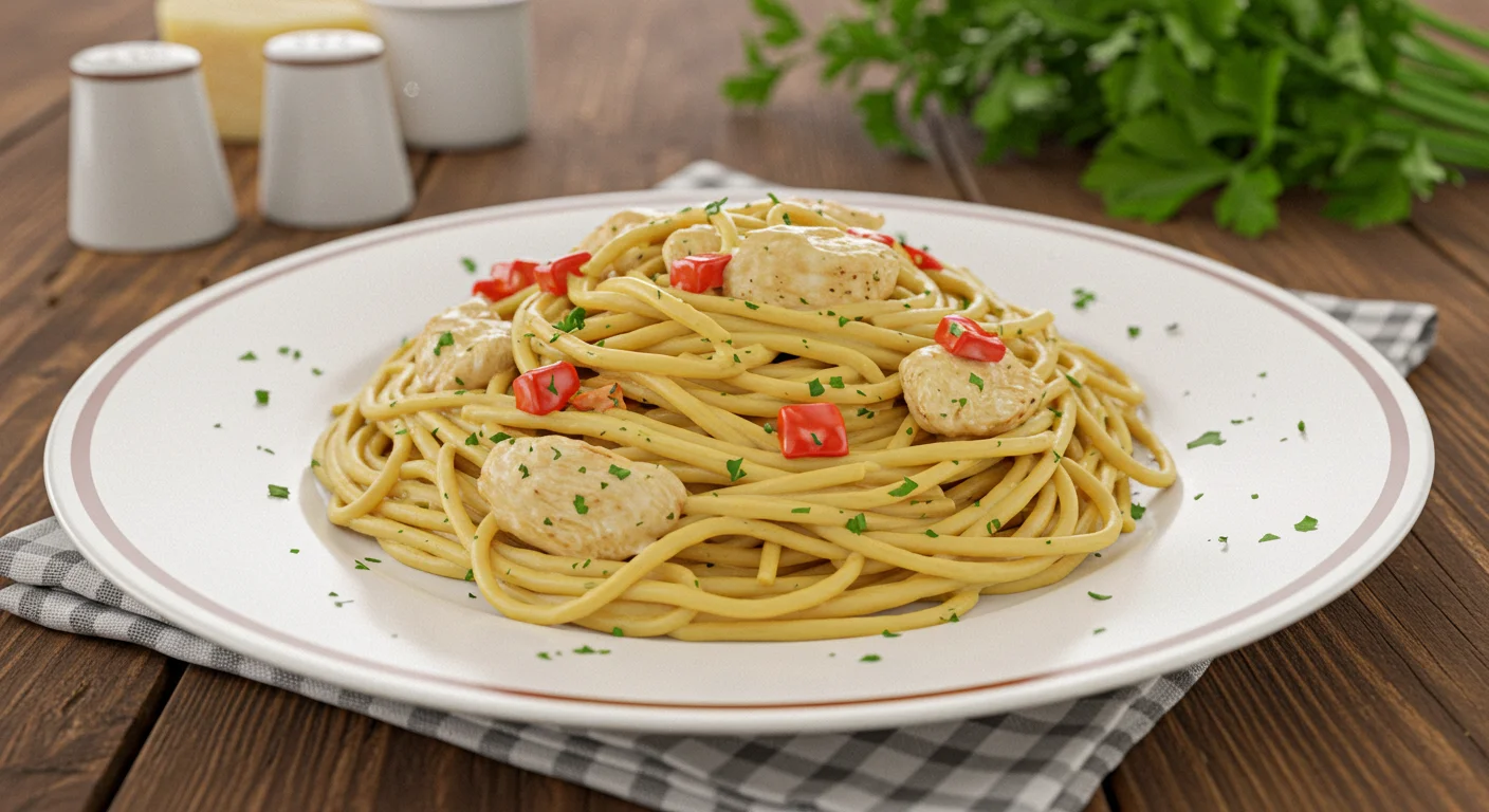 Creamy Italian-inspired chicken spaghetti with tender chicken, al dente pasta, and fresh parsley garnish
