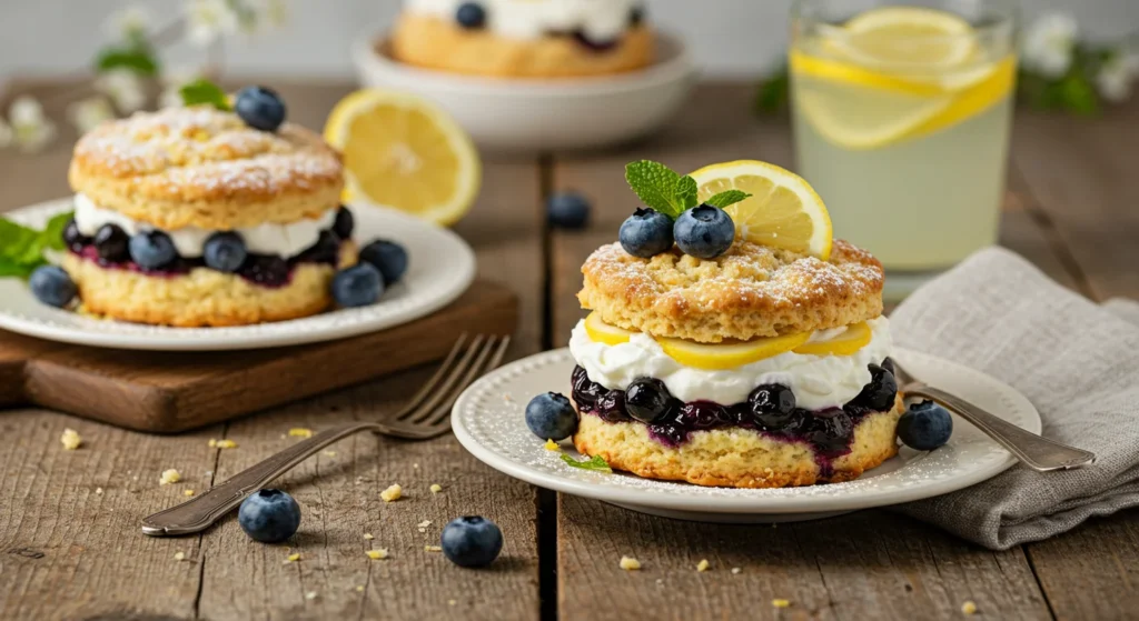 Homemade Lemon Blueberry Shortcake recipe with fluffy layers, fresh blueberries, and whipped cream on a rustic table