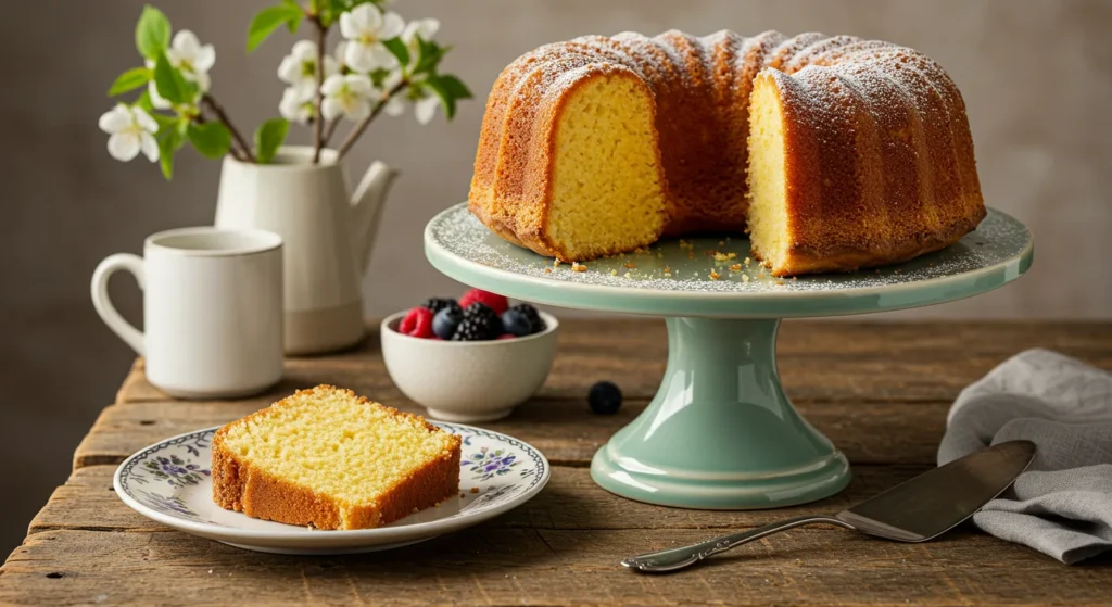 Golden mile high pound cake on a cake stand with a slice served on a plate, perfect for spring desserts