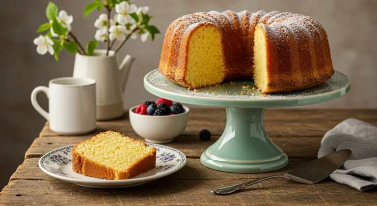 Golden mile high pound cake on a cake stand with a slice served on a plate, perfect for spring desserts