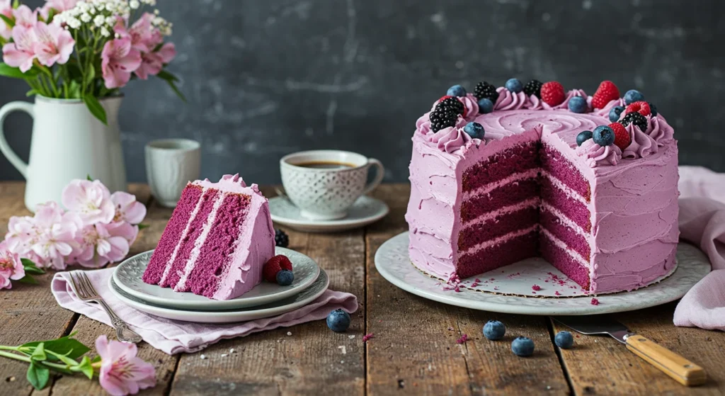 A slice of vibrant purple velvet cake with creamy frosting, showcasing its moist layers and rich color, perfect for celebrations.