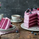 A slice of vibrant purple velvet cake with creamy frosting, showcasing its moist layers and rich color, perfect for celebrations.