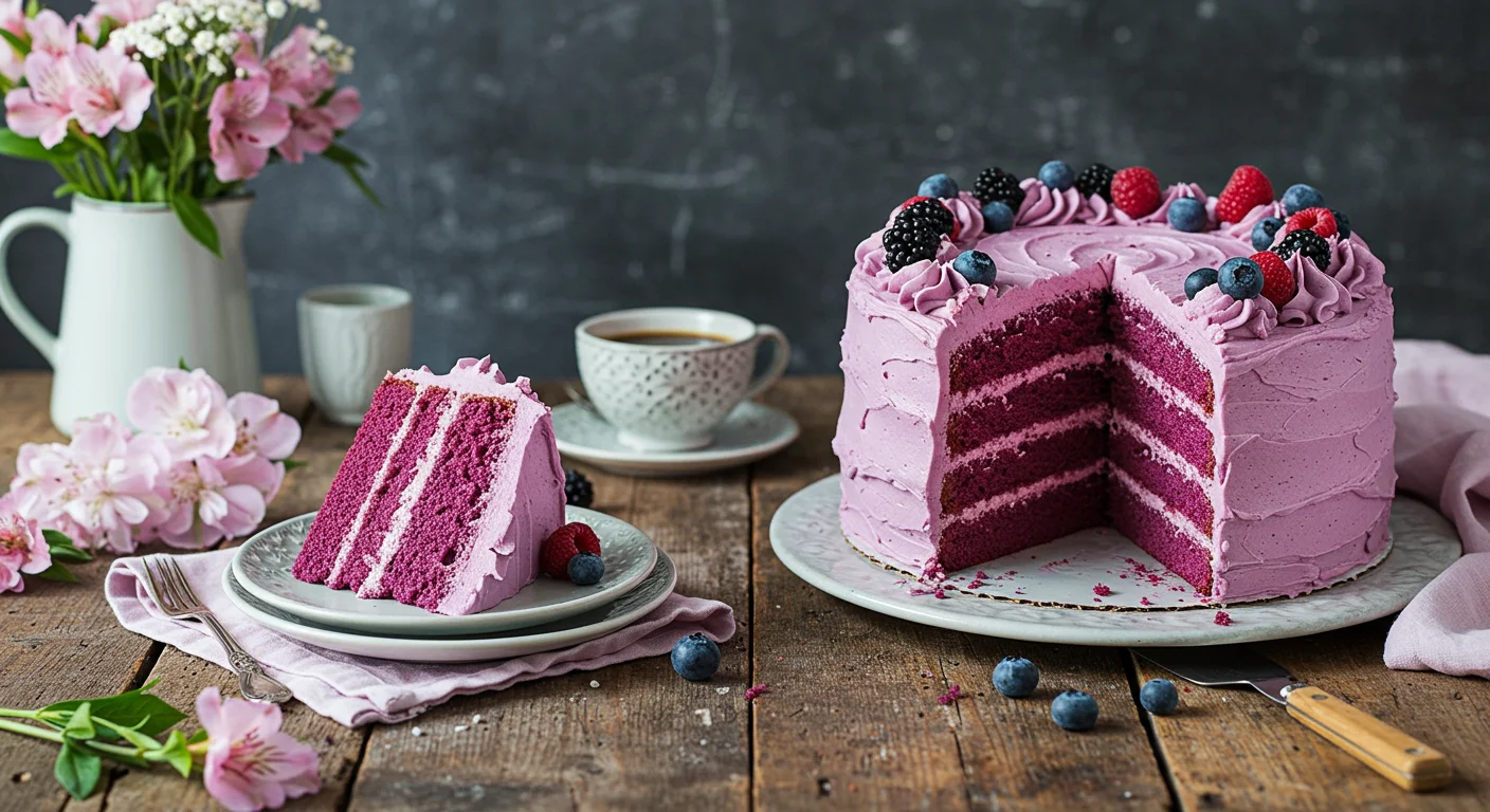 A slice of vibrant purple velvet cake with creamy frosting, showcasing its moist layers and rich color, perfect for celebrations.