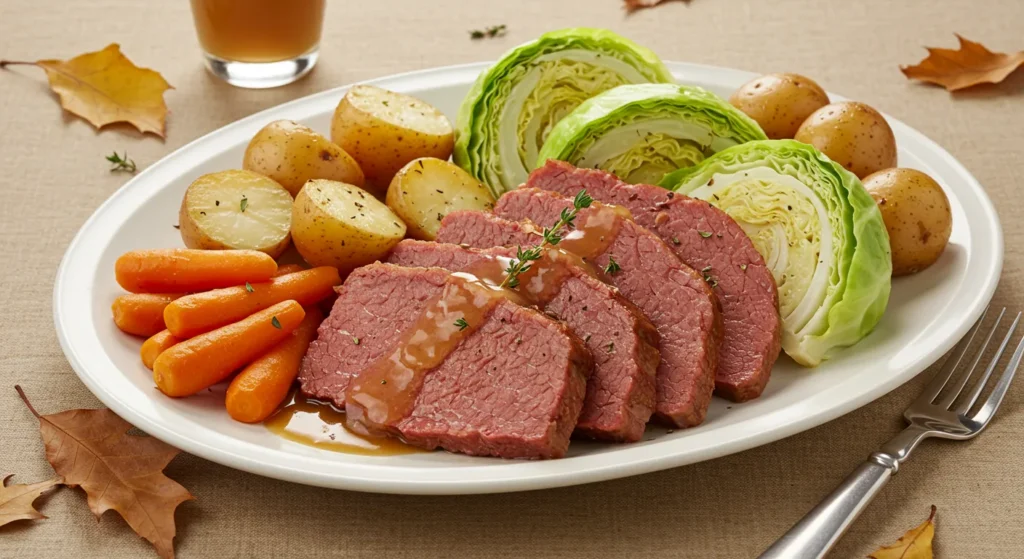 Slow Cooker Apple Cider Corned Beef with carrots, potatoes, and cabbage on a rustic platter