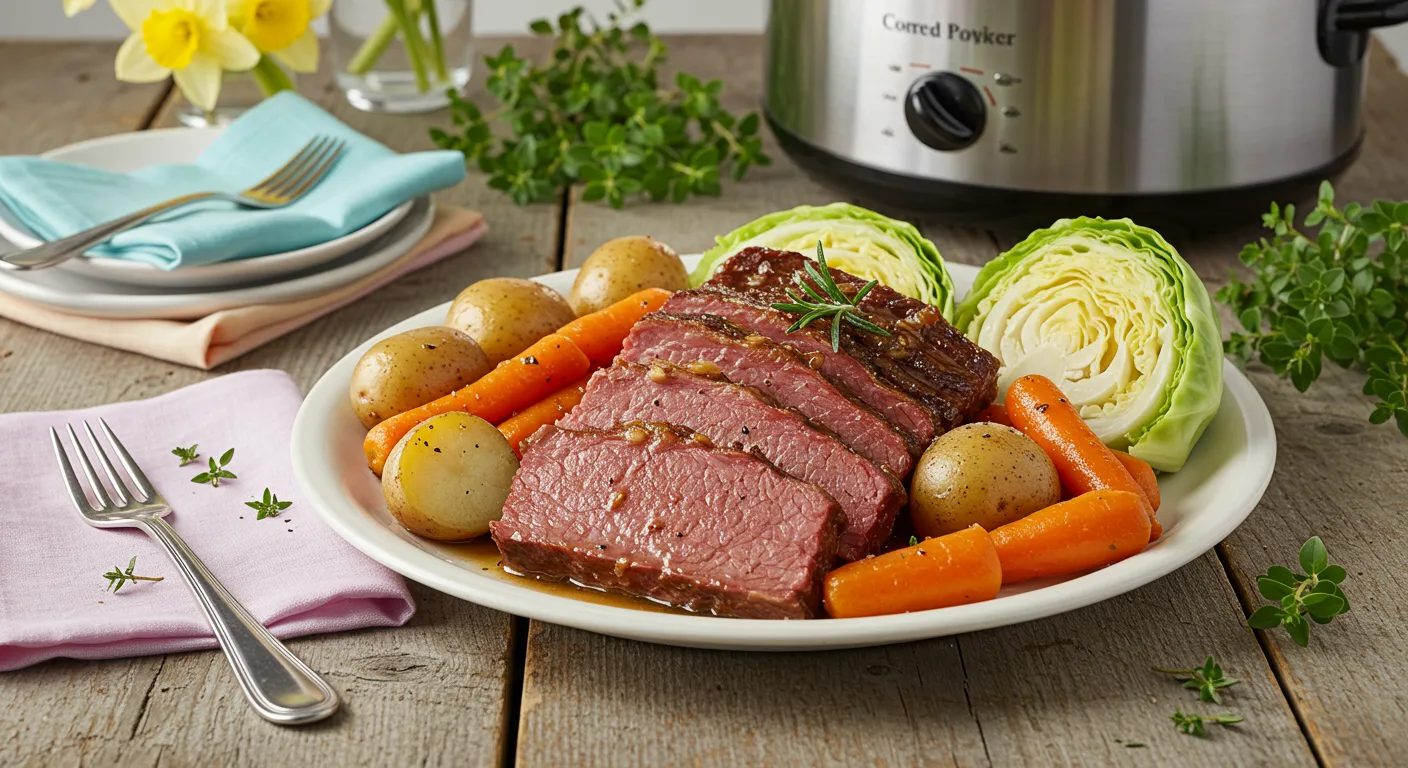 Slow Cooker Garlic and Herb Corned Beef with tender beef, carrots, potatoes, and cabbage, garnished with fresh herbs.