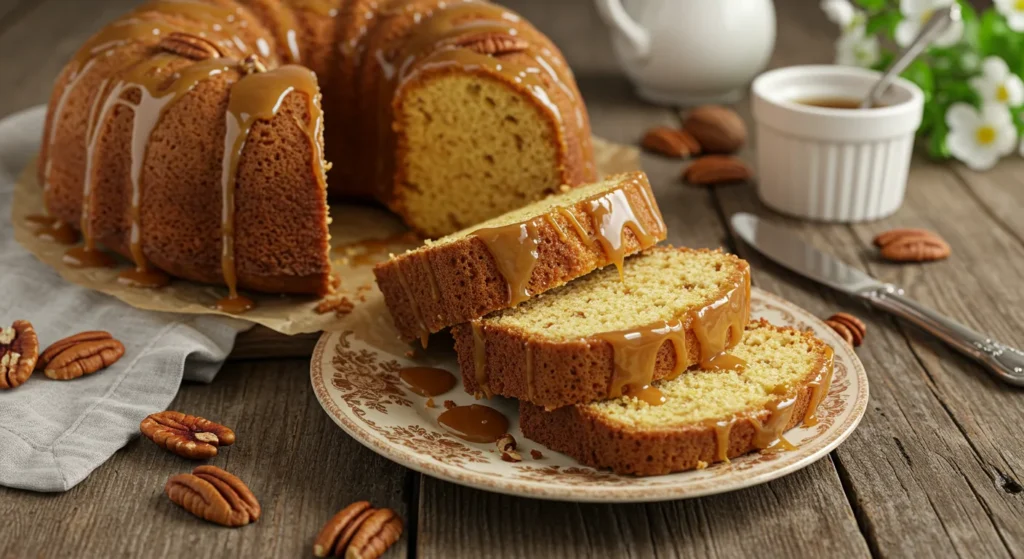 A freshly baked butter pecan pound cake with a golden crust, sliced to reveal its moist crumb, topped with toasted pecans and caramel drizzle.