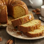 A freshly baked butter pecan pound cake with a golden crust, sliced to reveal its moist crumb, topped with toasted pecans and caramel drizzle.