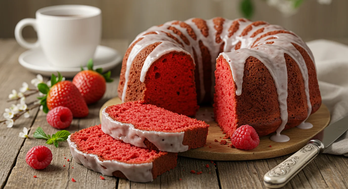 Freshly baked red velvet pound cake with glaze, sliced to show moist interior, garnished with berries and mint on a rustic table
