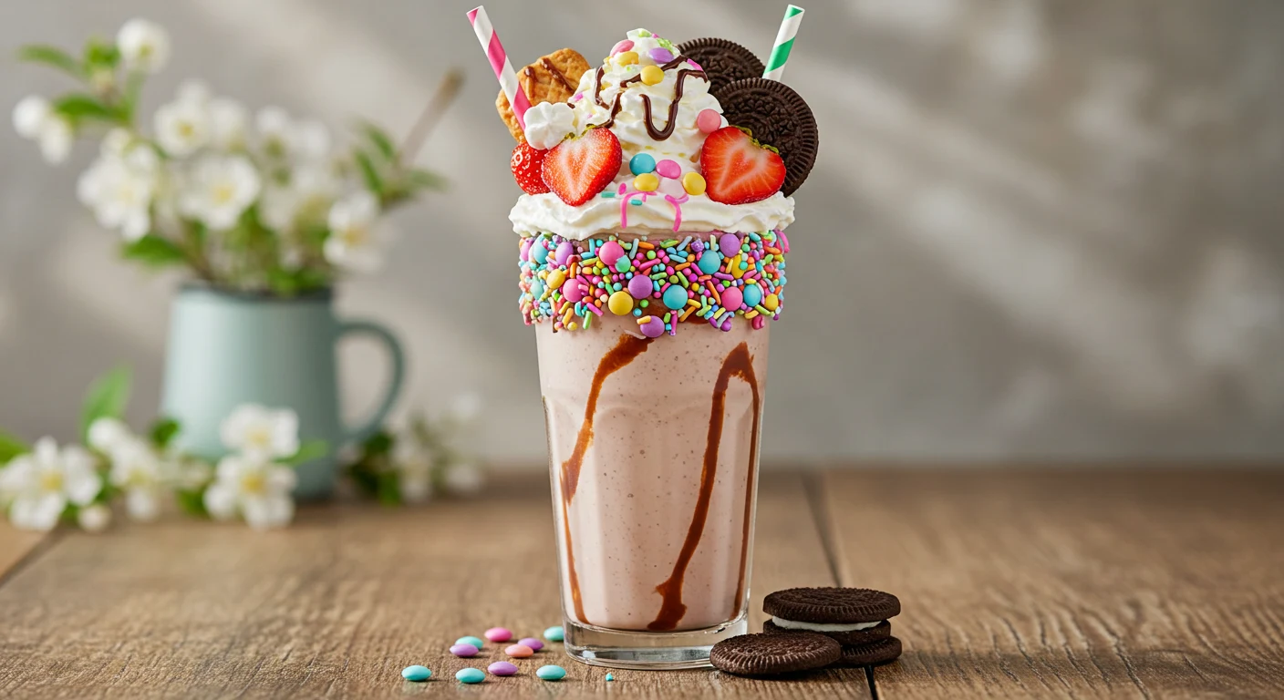 A creamy and indulgent overloaded milkshake recipe in a tall glass, topped with whipped cream, sprinkles, and fresh strawberries, set against a spring-themed background