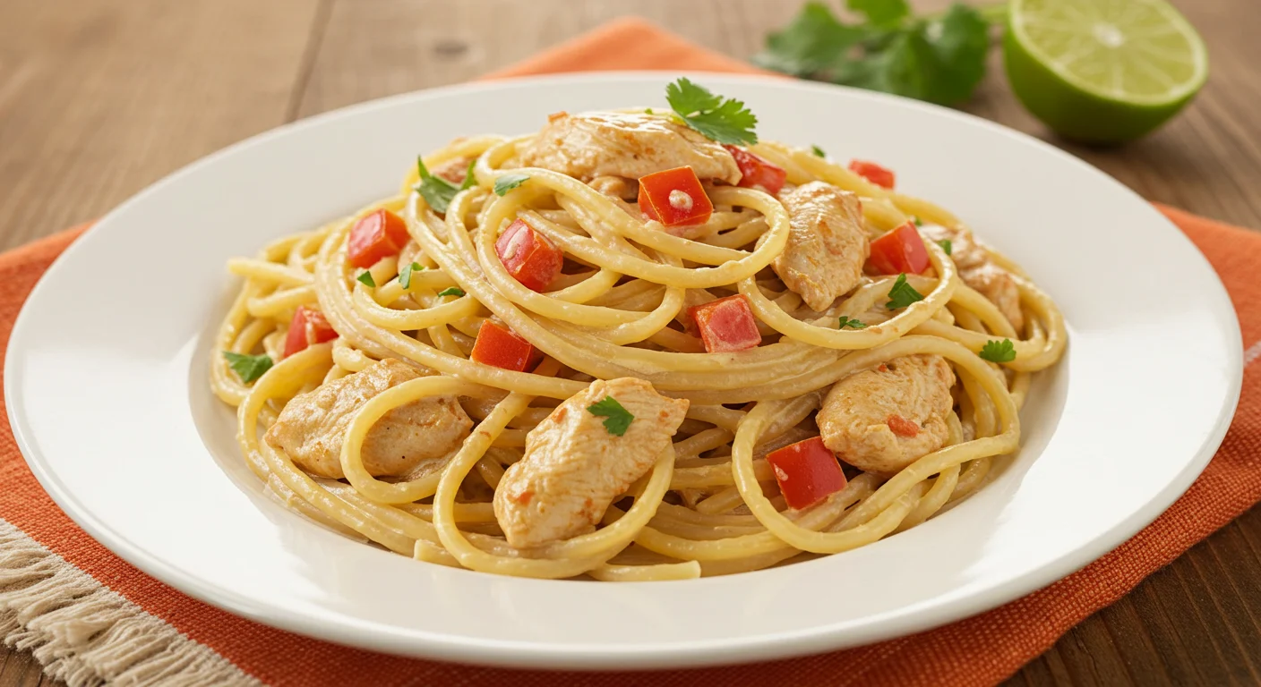 A plate of Spicy Southwest Chicken Spaghetti Recipe with creamy sauce, tender chicken, and vibrant red bell peppers, garnished with cilantro and lime.