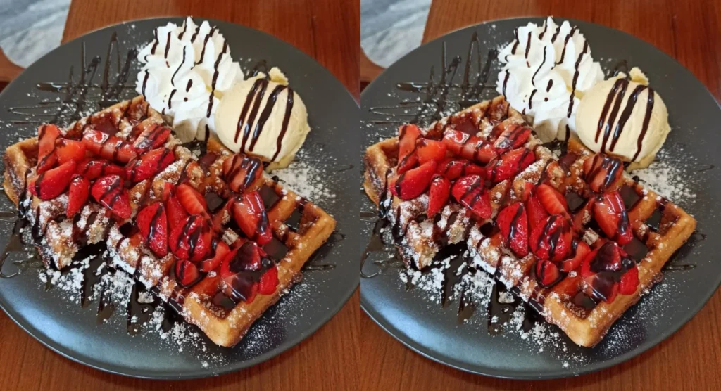 The Best Summer Waffle Dessert with Strawberries and Chocolate Sauce
