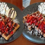 The Best Summer Waffle Dessert with Strawberries and Chocolate Sauce