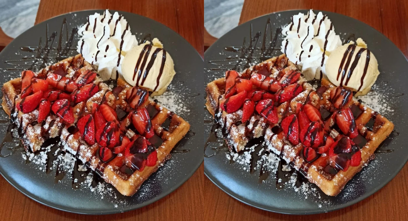 The Best Summer Waffle Dessert with Strawberries and Chocolate Sauce